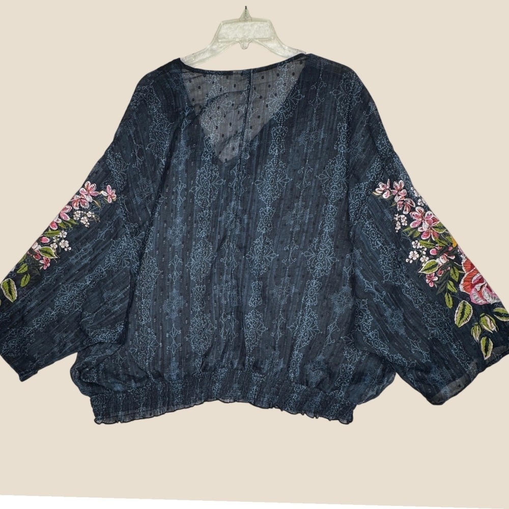 Cato Lace Up Blouse Womens 26/28 Blue Boho Floral Embroidered Sheer Smocked - Picture 2 of 11